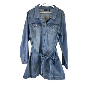 Susan Graver High Stretch Denim Long Jean Jacket Button Belted Collar Womens 1X